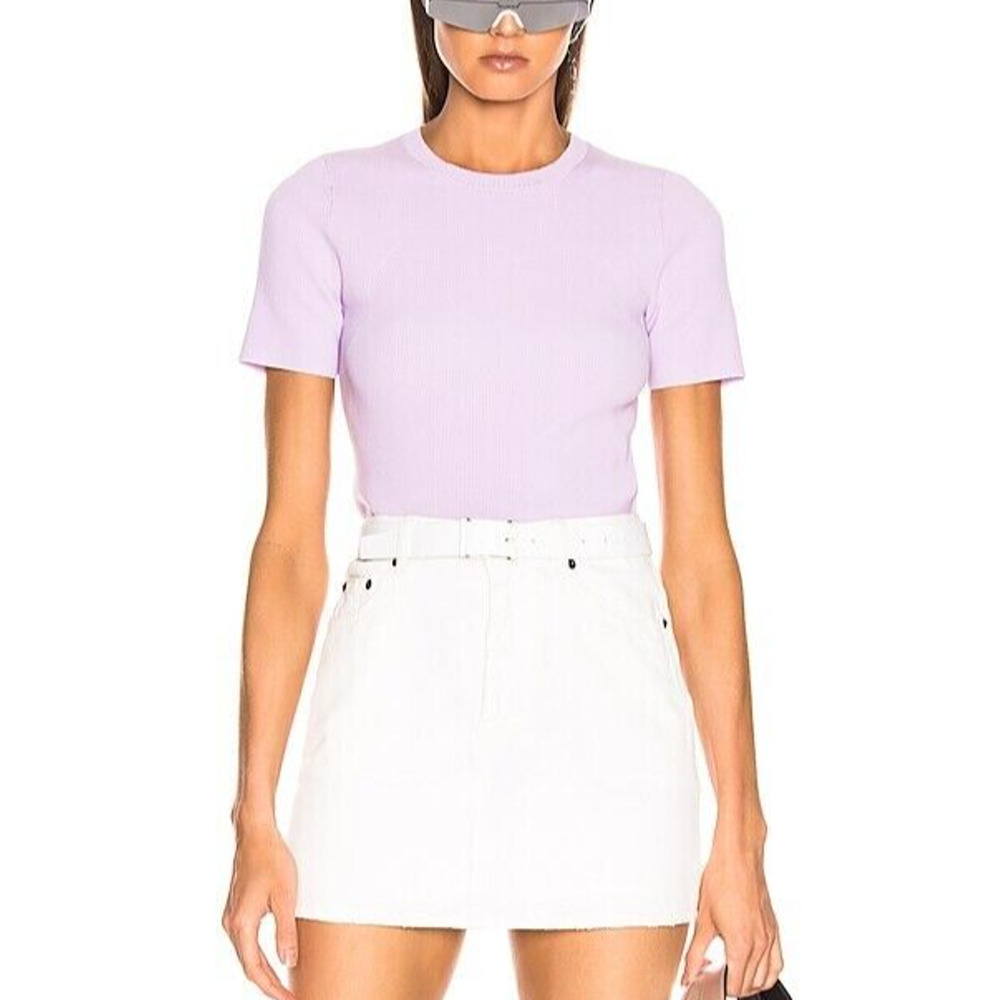 Helmut Lang Ribbed Knit Crewneck Side Zip Lavender Purple Top Large Short Sleeve